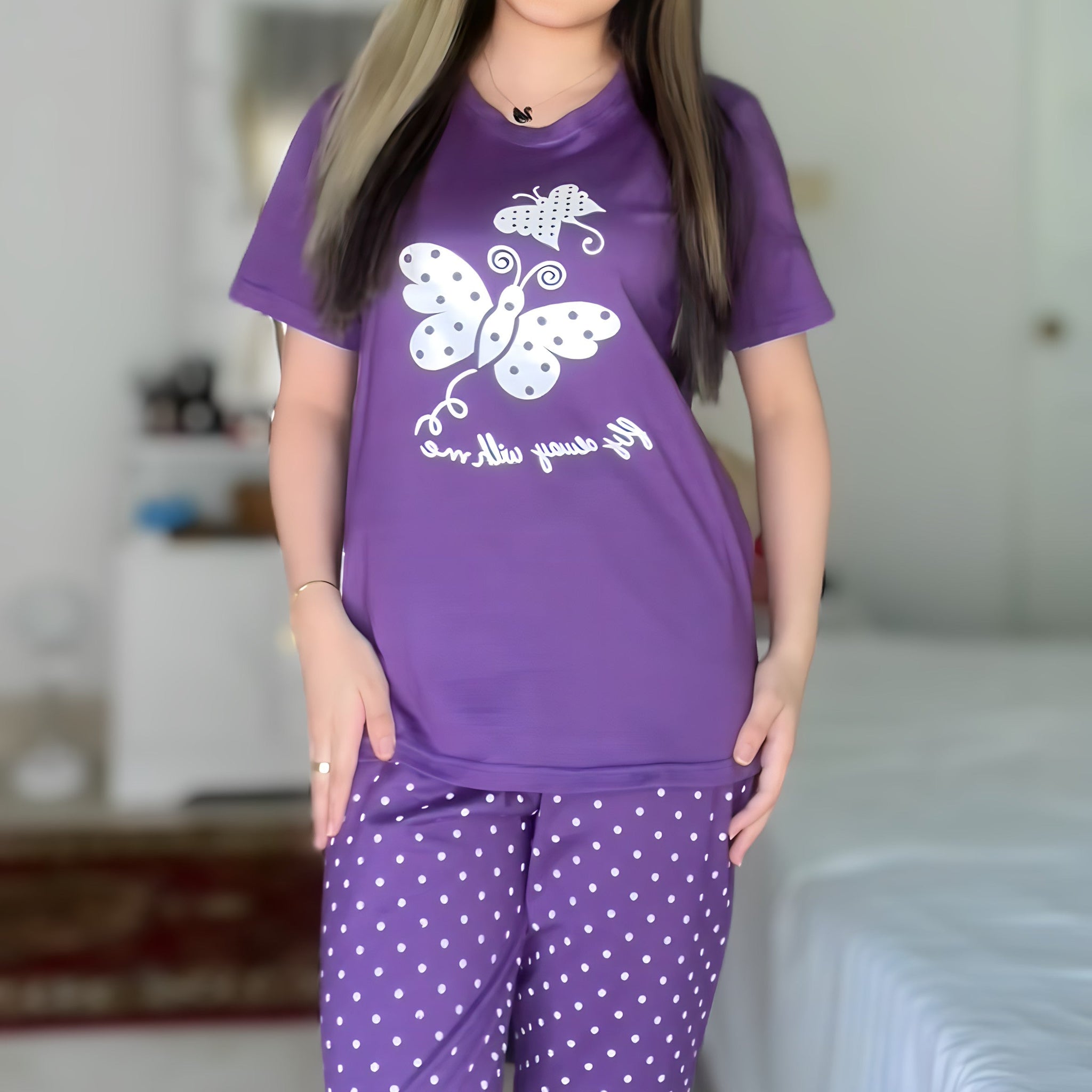 Purple Butterfly Printed  Night Suit